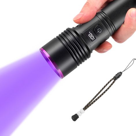 Lampe Torche UV 20 W, 365 nm Lampe Ultraviolet Lumiere Noire avec LCD, 7000 mAh Lampe Torche Led Rechargeable, Détecteur D'urine pour Resine, Pêche, Scorpion, Minéraux, Ambre (1/5)