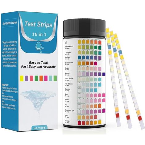 16-en-1 Bandelettes de Test d'Eau (100 unités) – Analyse pH, Nitrites, Chlore, Dureté, Mercure & Plomb dans l'Eau Potable, Piscine, Aquarium (1/5)