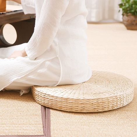 Tapis de chaise, coussin en paille tressée, tapis de sol, coussin rond en paille tressée à la main, idéal pour le yoga zen, le jardin, la salle à manger, le salon et la décoration intérieure. (1/4)