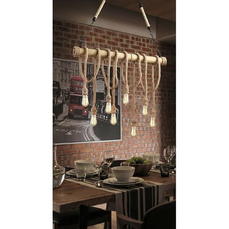 TRADE SHOP - Lampadario Country 8 Portalampada E27 Lampada Soffitto Retro Legno Corda B23-8 - (1/3)