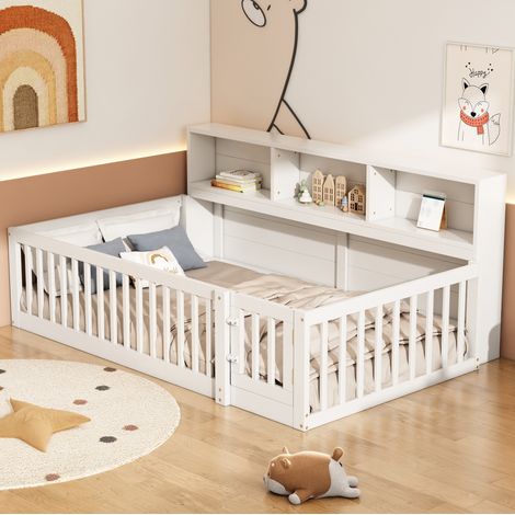 Letto daybed moderno 90x200 cm in pino bianco con rete a doghe, sponde di sicurezza apribili e vani portaoggetti laterali (1/5)