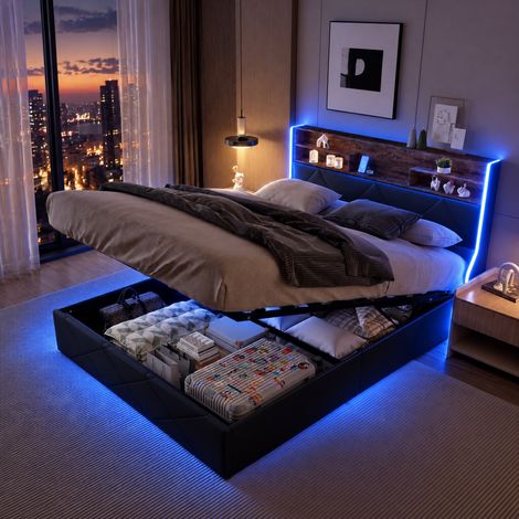 JOOKGBD–Polsterbett Doppelbett 140x200 cm, Jugendbett mit Hydraulischem Stauraum und LED-Kopfteil, USB-Ladefunktion, Lattenrost, PU, Schwarz (1/5)