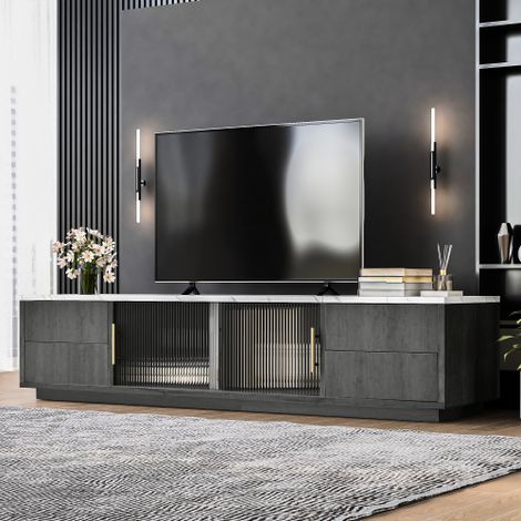 Meuble TV 160 cm - meuble tv aspect marbre - meuble tv gris avec tiroirs à ouverture push - 160x40x39 cm (1/5)