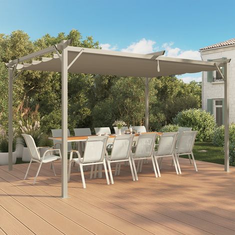 Pérgola techo retráctil 4 patas 3x4 M cenador efecto madera y lona beige