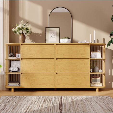 Credenza 160x40x75 cm rovere in MDF e bambù con 6 cassetti, ripiani aperti e piedini regolabili (1/5)