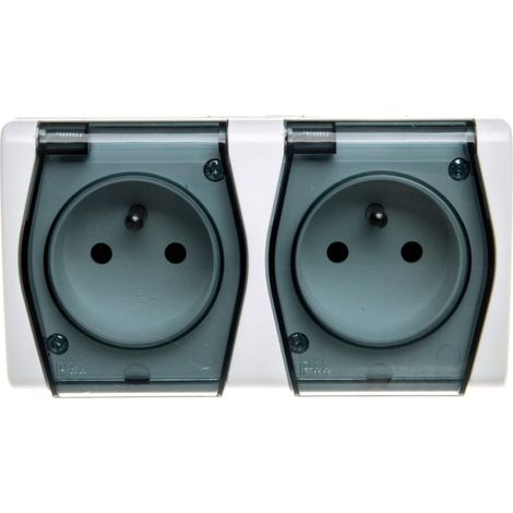 Hermes2 Hermetische Doppelsteckdose mit/ohne 16A IP44 mit vollständiger Klappe, weiß-rauchfarben 1022-01