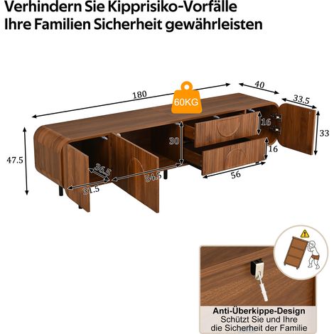 TV-Lowboard 180x40x47,5 cm aus MDF in Nussbaum mit Stauraum fürs Wohnzimmer – MEUBLIV (1/5)