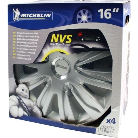 Juego de 4 tapacubos gris metalizado - MICHELIN - 16 pulgadas - Fijación sencilla por clips - NVS 42 pastilla reflectante