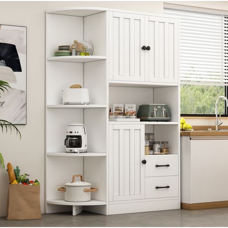 Buffet d'angle 104x35x155 cm en bois blanc, avec rangement gain de place pour salon FloraGrace (1/5)