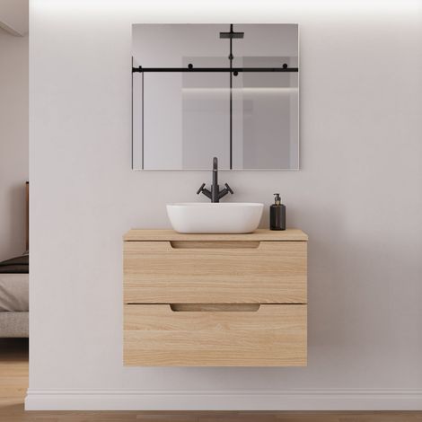 Meuble de salle de bain 80cm avec plateau et vasque à poser arrondie - 2 tiroirs - roble era (chêne clair) - SONRIZA (1/5)
