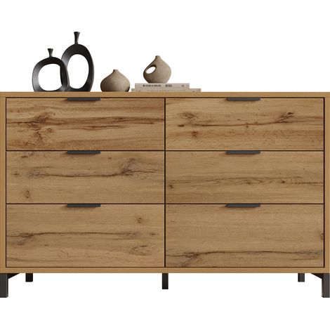 Commode, buffet à 6 tiroirs, 120 x 40 x 76 cm en chêne foncé, buffet haut pour chambre et salon (1/5)