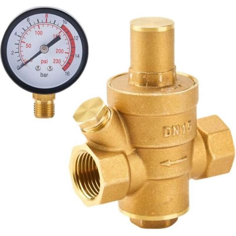 Réducteur de pression d'eau DN15 réglable en laiton avec manomètre, pour usage domestique (1 pièce).