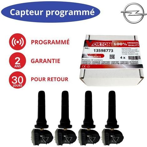Pacchetto di 4 sensori TPMS programmati 433 MHz per OPEL/Vauxhall e GM (Astra, Corsa, Mokka, Insignia...)