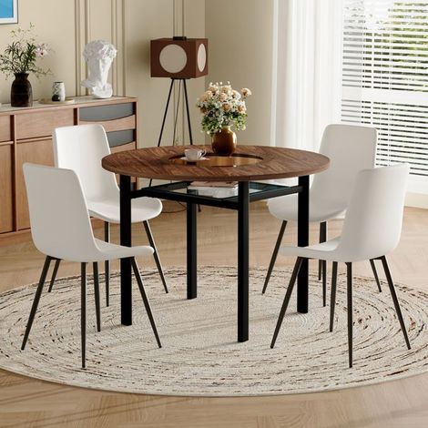 Table et Chaises de Salle à Manger diamètre 100 cm rangement intégré table ronde 4 chaises blanc PU aspect bois brun (1/5)