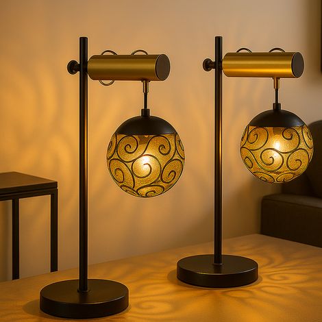 Tischlampe orientalisch Wohnzimmerlampe Tischleuchte höhenverstellbar Beistelllampe schwarz gold, 1x E27, LxH 34 x 55 cm, 2er Set