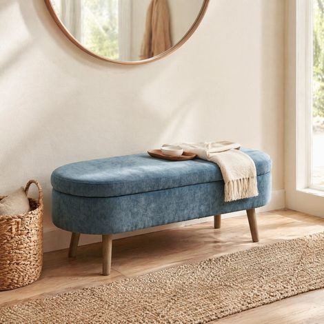 Banco arcón acolchado de chenilla, 20 l, azul, 110 x 40 x 42 cm DESVIAE (1/5)