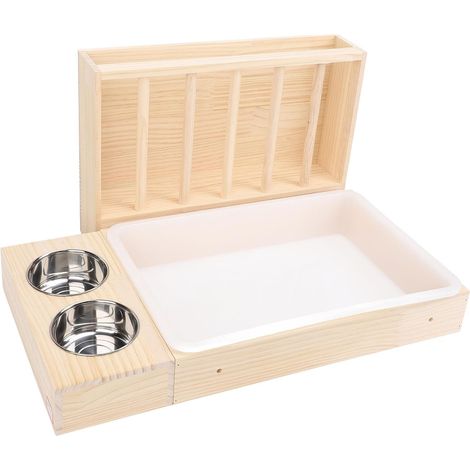 3 in 1 Rabbit Hay Feeder with Litter Tray, 2 Stainless Steel Bowls, Anti-Mess Wood for Guinea Pig, Chinchillas, Hamster, Dwarf Rabbit, Feeder for (1/5)