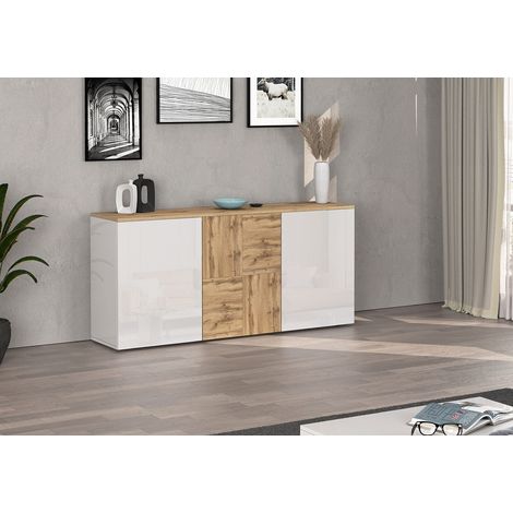 Buffet/bahut moderne 150 cm blanc brillant/chêne wotan Isayane (1/5)