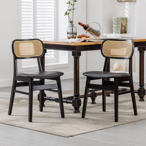 Esszimmerstühle 2er Set PU Leder Rattan Rückenlehne Massivholzbeine Schwarz (1/5)