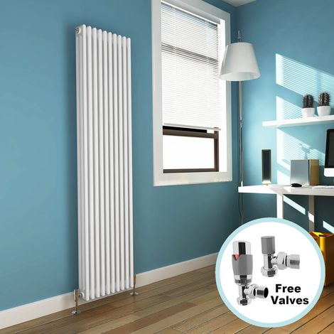 ELEGANT 1800 x 470 mm Traditional Radiator Cast Iron Style Radiator White Triple Vertical Column Radiators + Chrome Thermostatic Radiator Valves (1/5)