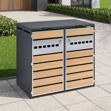 Abri cache-poubelles gris aspect bois en acier galvanisé avec 2 compartiments, couvercle relevable hydraulique et portes verrouillables (1/5)