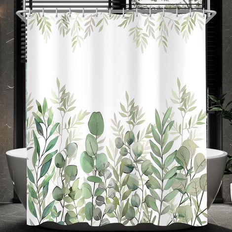Rideau de douche, 120 x 200 cm, motif feuilles, ourlet lesté, anti-moisissure, surface imperméable, lavable, tissu polyester, pour salle de bain, baignoire avec 8 anneaux de rideau de douche (1/5)