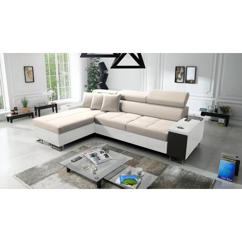 Bequemes Ecksofa mit Schlaffunktion MORENA I MAXI Kunstleder/Uttario Velvet Weiß/Beige Links (1/5)