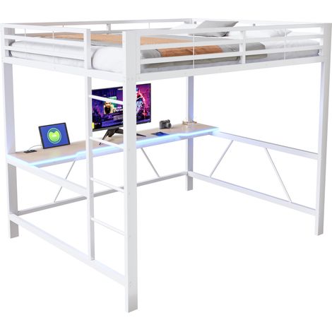 Lit mezzanine gaming 160x200 cm avec bureau éclairage led station usb, lit coffre design moderne gain de place chambre ado, structure métal blanc (1/5)