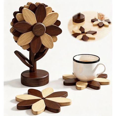 Dessous De Plat En Bois - Lot De 5 - Diamètre 12, 9cm Par Pièce - 5 Pièces - Design Tournesol - Empilable Rangeable - Bois D'hévéa - Résistant À La (1/5)