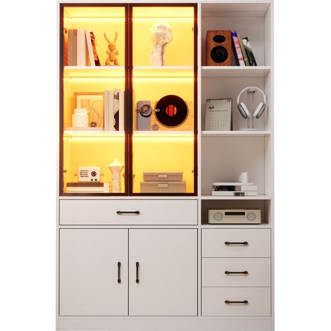 ELVMI Libreria Vetrina con 4 Cassetti, 4 Ante, 13 Vani Contenitore e LED per Soggiorno, Bianca, 120 x 35 x 200 cm (1/5)