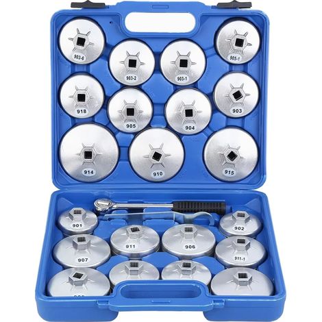Juego de llaves para filtros de aceite, kit de herramientas de 23 piezas, compatibilidad universal, azul (1/2)