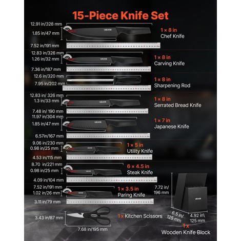 Ensemble Couteaux Cuisine avec Bloc, 15 PCS, Lame en Acier Inox à Haute Teneur Tranchants, Bloc en Bois de Pin, Set Ustensiles de Cuisine avec Ciseaux et Fusil pour Tous Types d'Ingrédients (1/5)