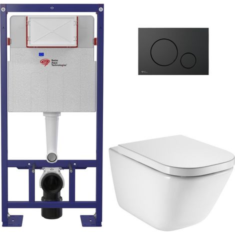 Pack WC bâti-support autoportant + WC suspendu sans bride avec abattant SoftClose + plaque noir mat (STROGAWR03-U)