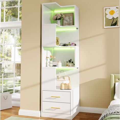 Eckregal 165 x 45 x 45 cm mit LED und 2 Schubladen, 4 Ebenen, weiß HAVRYA (1/5)