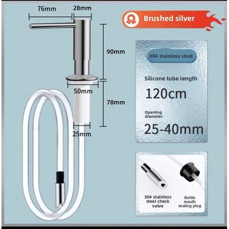 Distributeur de savon pour évier de cuisine (argent brossé) avec plateau, crochet et tube d'extension. Distributeur de savon liquide vaisselle et détergent. (1/5)