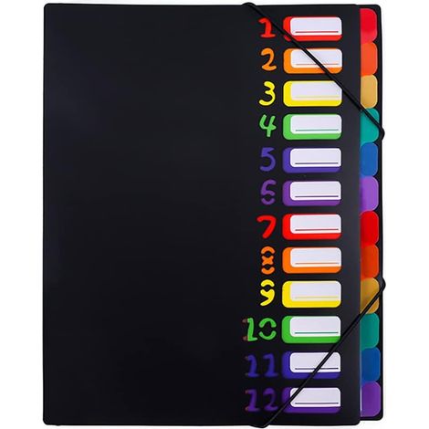 Sollbry Fächermappe: 12. Etage, A4-Format, Regenbogen-Kunststofffutter, farbenfroher Ordner für Zuhause, Büro, Schule, schwarzer Einband (1/5)