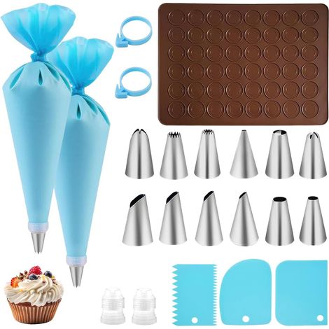 Tapis de Cuisson pour Macarons avec 2 Poche à Douille Réutilisable,12 Douille Cuisine und 3 Racloirs à Pâte,Kit Macaron Patisserie,Tapis Macaron pour Chocolat,Gâteaux,Biscuit,39x29cm (Bleu et Marron) (1/5)