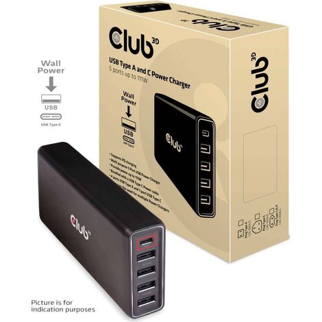club3D Station de charge USB 111 W 4x USB-C®, 1x USB-A Power Delivery noir intérieure Q394352 (1/5)
