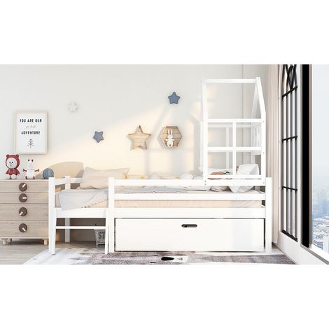Kinderhochbett 90 x 200 cm aus Holz und MDF, weiß, mit Schublade und Leiter – MEUBLIV (1/5)