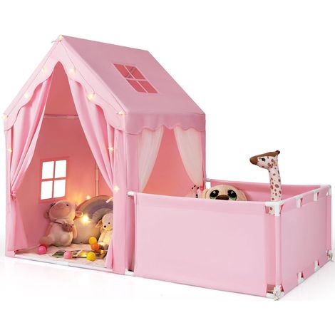 COSTWAY Tente Enfant Intérieur avec Parc & Lumières Étoilées (Rose) (1/5)