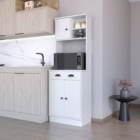 TUHOME Gabinete de Cocina para Microondas Powell con 3 Puertas, Manijas y Cajón, Blanco 169cm (alto) x 60cm (ancho) x 35cm (profundidad).