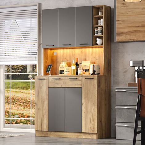 Meuble de cuisine, armoire haute avec éclairage LED, étagère avec prise électrique et range-épices vertical coulissant à 4 niveaux, casier à vin et vitrine pour cuisine et salle à manger, 180 × 100 × (1/4)