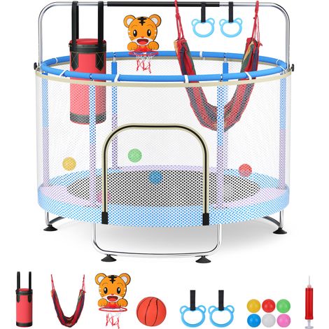 Trampoline réglable avec panier de basket, capacité de charge de 200 kg, utilisable à l'intérieur comme à l'extérieur, équipé d'un filet de sécurité