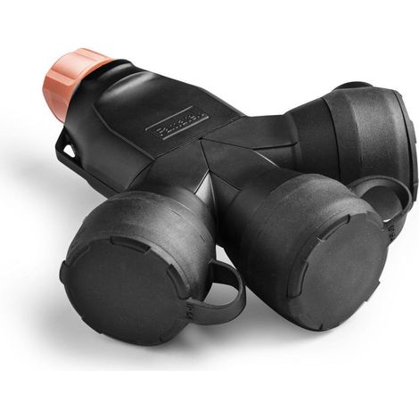 Adaptador con tapa de goma 3 tomas schuko 2p+t 16a 250 v, ip54, negro, máx. 1,5 x 2,5 mm² y prensaestopas, blister