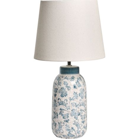Lampe de Table de Style Méditerranéen Motif Floral Base en Céramique Abat-jour en Lin Forme Tambour Blanc Bleu Lempa (1/5)