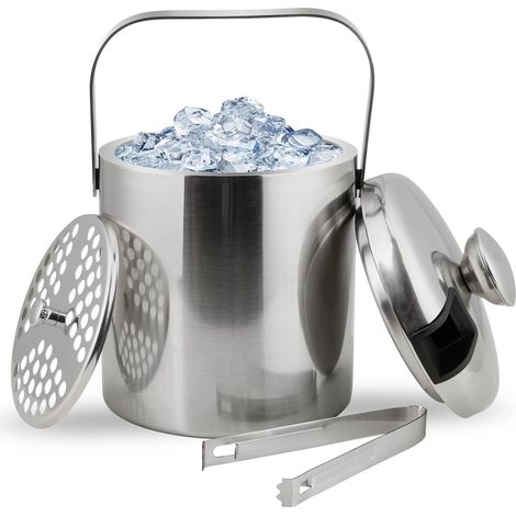 Seau à glace de 1,3 L avec couvercle, passoire et pince, récipient pour bar, congélateur, fêtes, mariages, acier inoxydable, ustensiles de cuisine pour conserver la fraîcheur (1/5)
