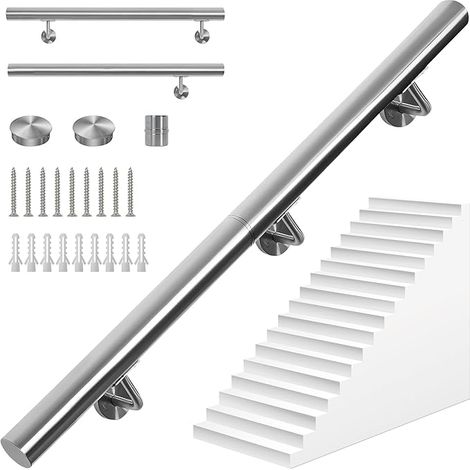 Stainless Steel Stair Handrail Round Diameter 42 mm Wall Mounted with Bracket, Indoor/Outdoor for Stairs/Attic/Terrace/Porch and Garage (1/5)