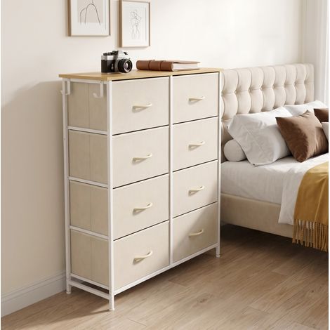 MODFU – Commode rangement 80x30x94,5 cm tissu/métal – 8 tiroirs, 4 poches et 2 crochets – Anti-basculement et 30 kg – Chambre – Beige (1/5)
