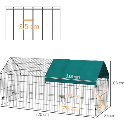 Petit enclos pour animaux avec toit, 4 portes, résistant aux intempéries, acier/polyester, 220 x 85 x 103 cm, vert/noir (1/5)