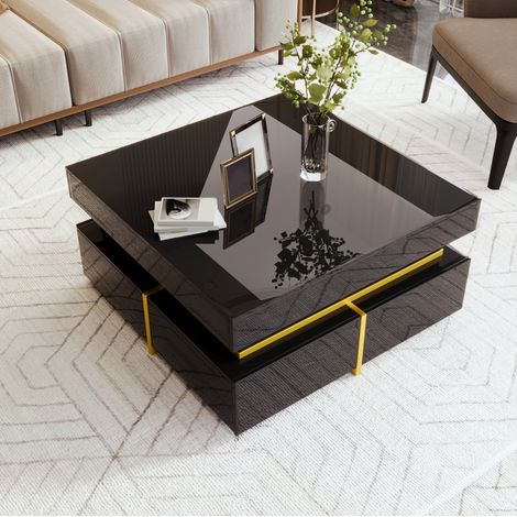 Table basse laquée noire avec 2 tiroirs et accents dorés, design compact 70 cm, rangement pratique pour salon moderne et petit espace, idéale en bout de canapé CHICFURN (1/5)